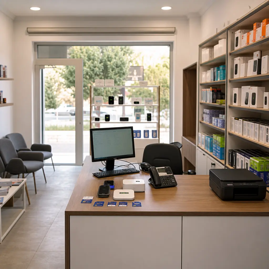 Jeune entrepreneur préparant un point de vente télécom agréé avec comptoir, ordinateurs, stock de modems et espace d’accueil en local urbain.