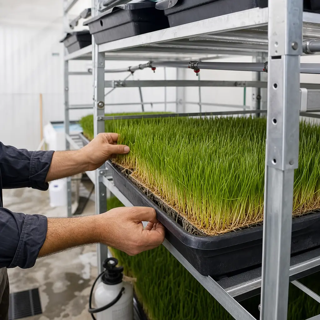 Un local agricole propre avec une unité hydroponique d’orge fourragère en préparation, montrant des plateaux de germination, un système d’eau et une organisation technique crédible