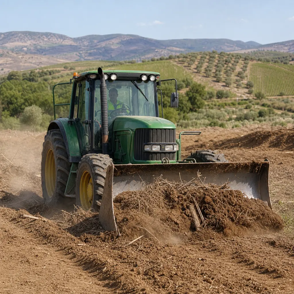 Engin de terrassement préparant une parcelle agricole