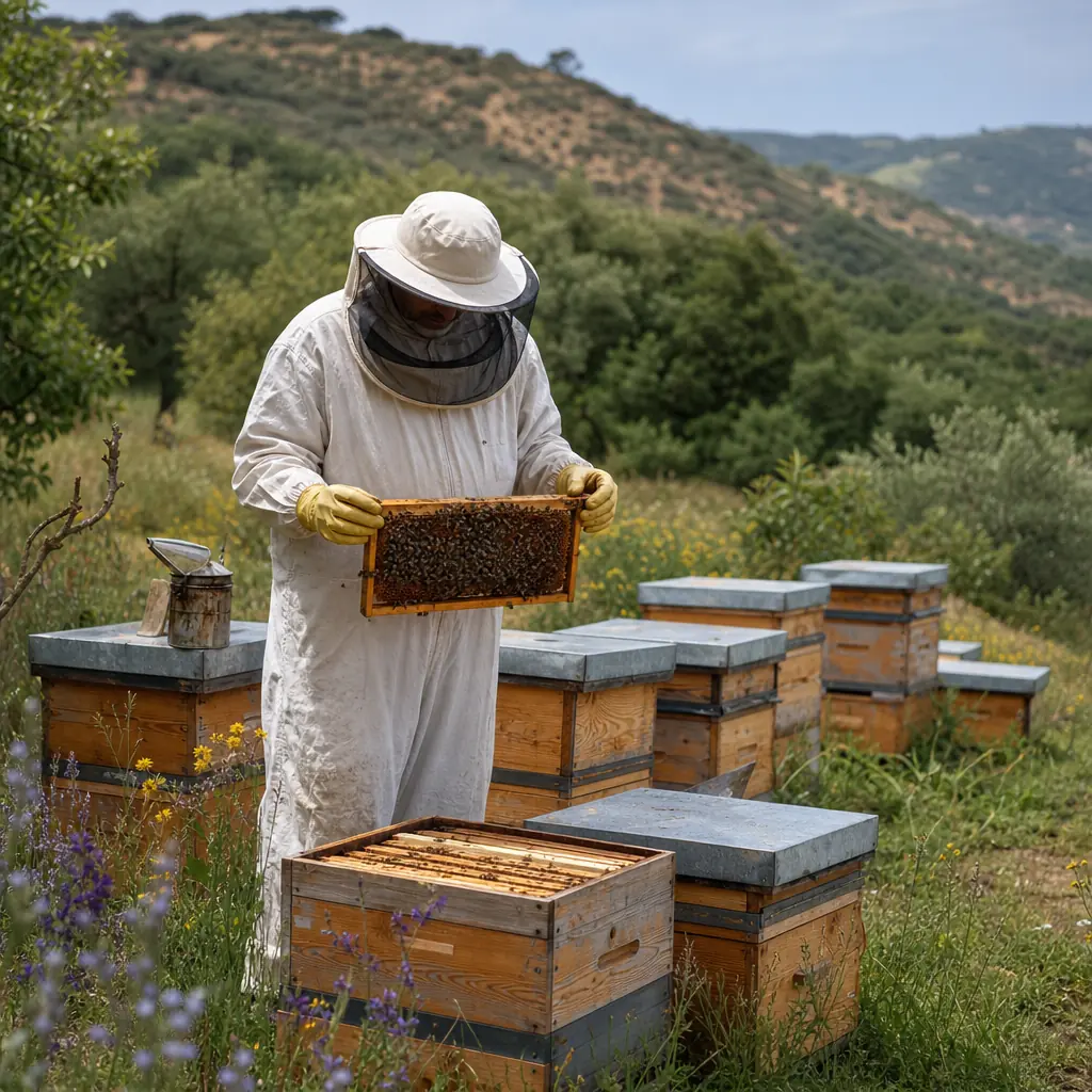 Ferme apicole avec ruches pour miel bio et produits de la ruche